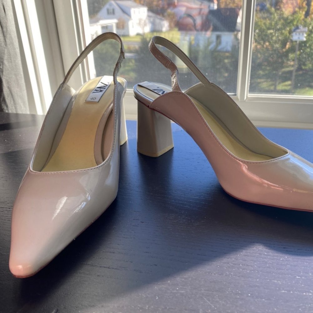 SOLD!  Patent leather block heel sling-back